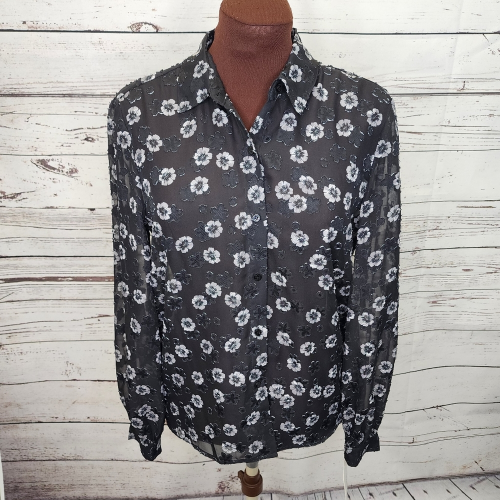 Ellen Tracy Sheer Black Floral‎ Blouse Size Small